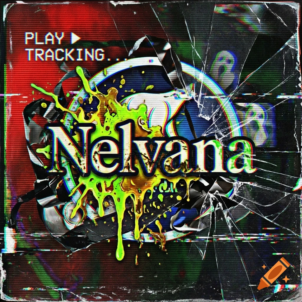Glitch art and VHS damage effect over a stylized Nelvana logo with green and yellow splashes.