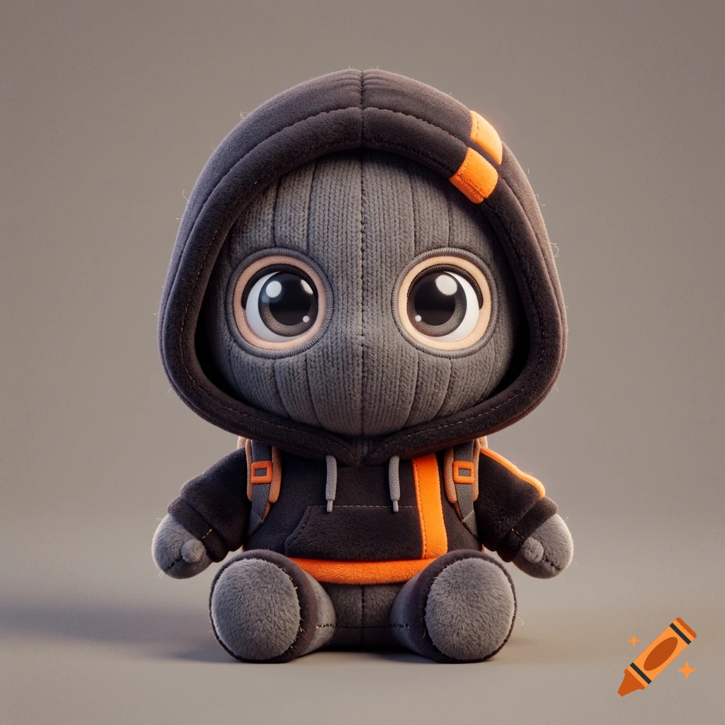 3D chibi plush toy version of the Fortnite character Marius wearing a dark hoodie, grey balaclava, and orange details.