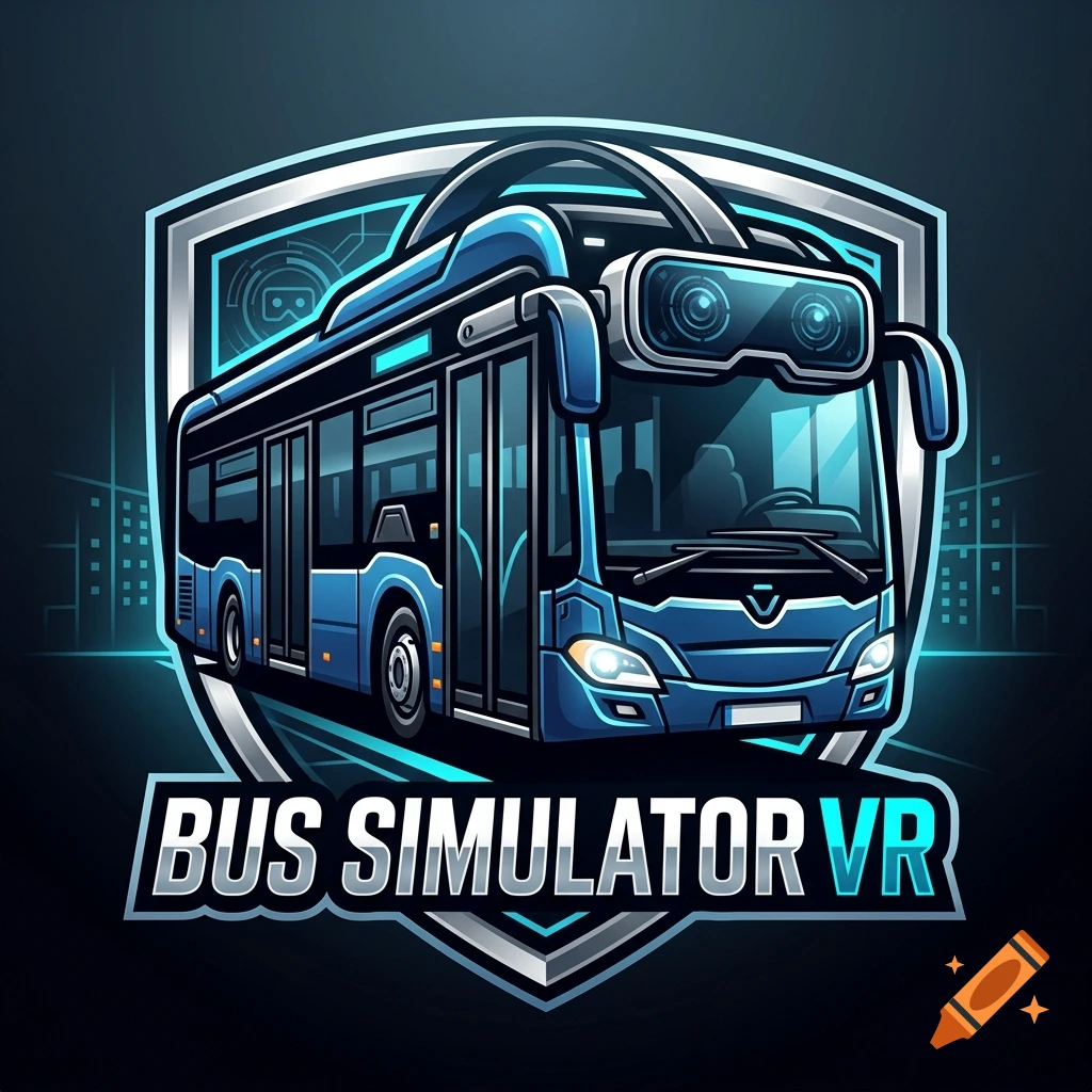 Esports gaming logo featuring a blue futuristic bus with VR headset elements inside a shield, with text 'BUS SIMULATOR VR'.