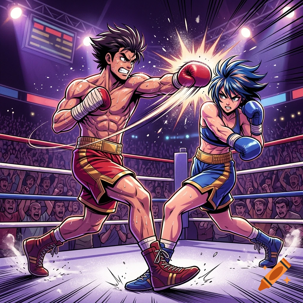 Anime style illustration of a male and female boxer fighting in a ring with a scoreboard in the background.