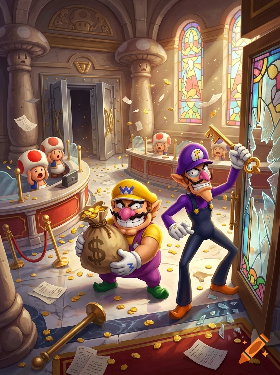Digital illustration of Wario holding a money bag and Waluigi holding a key, robbing a Mushroom Kingdom bank.