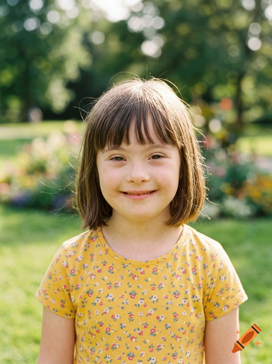 Close-up portrait of a smiling young girl with shoulder-length brown hair and bangs, wearing a yellow floral t-shirt outdoors with a blurry green garden background.