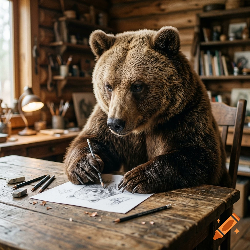 A photorealistic brown bear sitting at a rustic wooden desk in a cabin, focused on drawing a sketch with a pencil.
