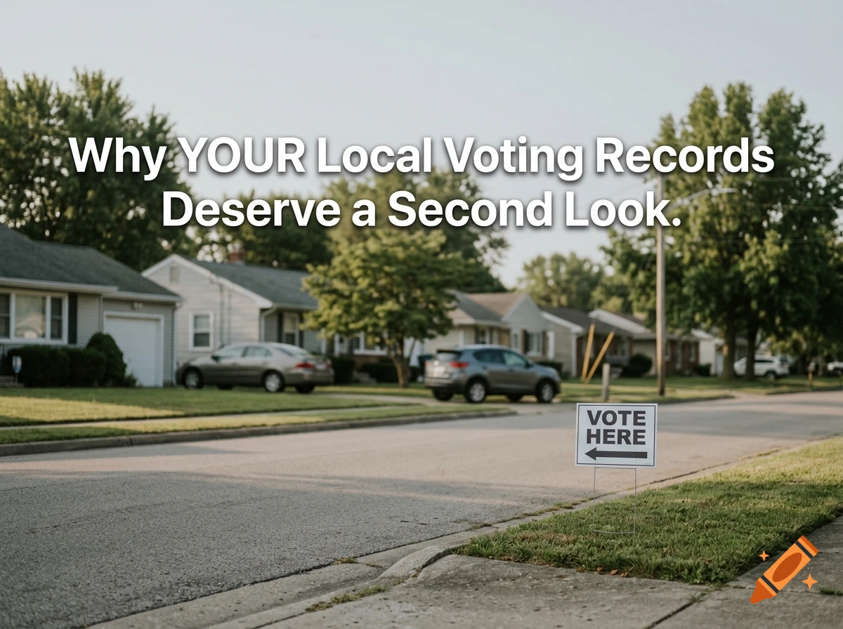 A quiet suburban street with a voting sign in the foreground and text overlay reading Why YOUR Local Voting Records Deserve a Second Look.