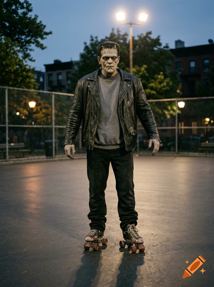 Photorealistic image of Frankenstein's monster wearing a leather jacket and roller skates standing in a basketball court at dusk.