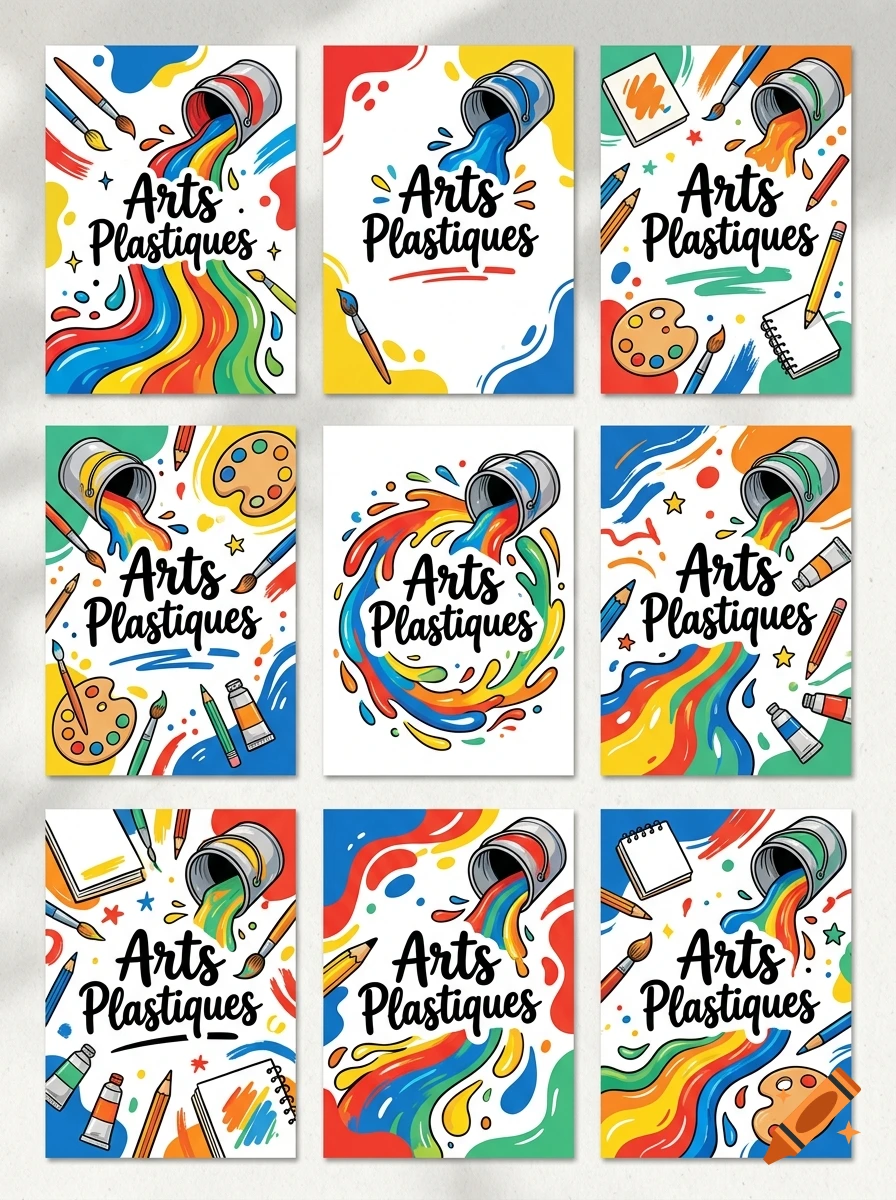 Grid of nine cartoon illustrations showing paint buckets spilling colorful paint, art supplies, and the text Arts Plastiques.