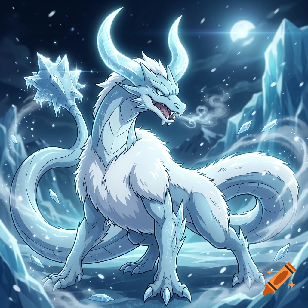 An anime-style ice dragon with thick white fur, two large horns, and a tail ending in an ice mace, standing in a snowy landscape.