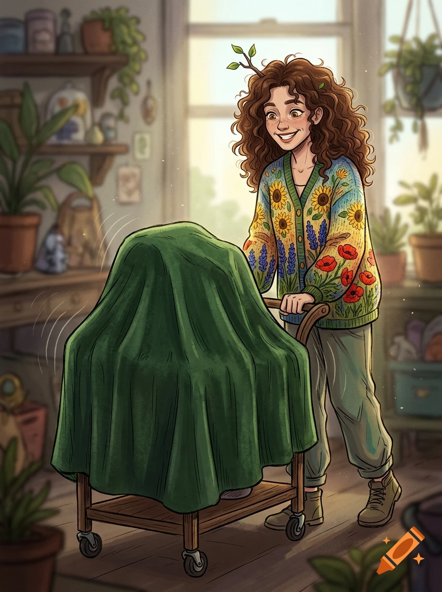 Digital illustration of a smiling curly-haired woman pushing a wooden tea cart covered with a green cloth in a plant-filled room.