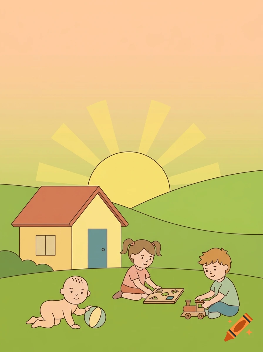 Flat vector illustration of three toddlers playing outdoors near a small house with rolling hills and a rising sun in the background.