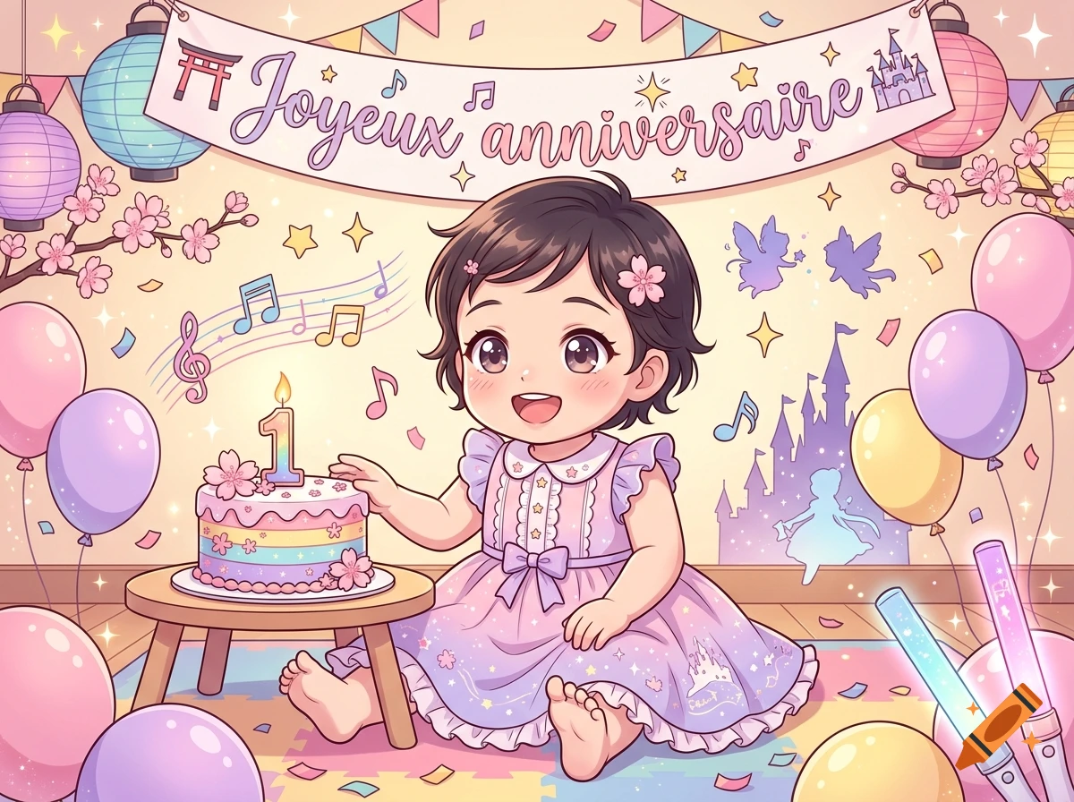 Anime style illustration of a baby girl celebrating a first birthday with a cake, balloons, and decorations.