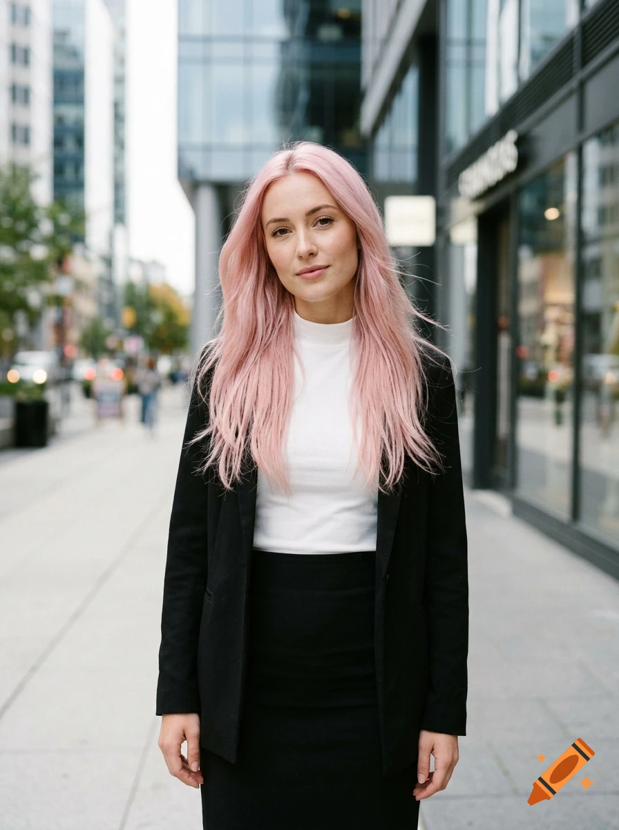 Photorealistic portrait of a young woman with long pink hair, wearing a white top and black blazer on a city street.