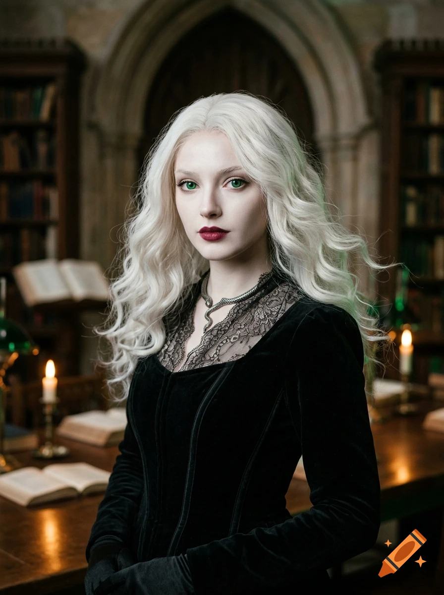 Cinematic photorealistic portrait of a young witch with platinum-white hair and green eyes in a gothic library.