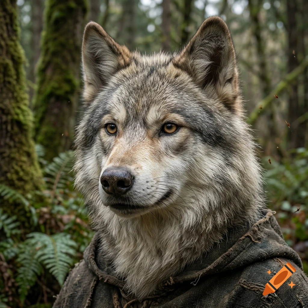 Photorealistic close-up portrait of an anthropomorphic wolf with amber eyes, wearing a dark hooded cloak in a forest.