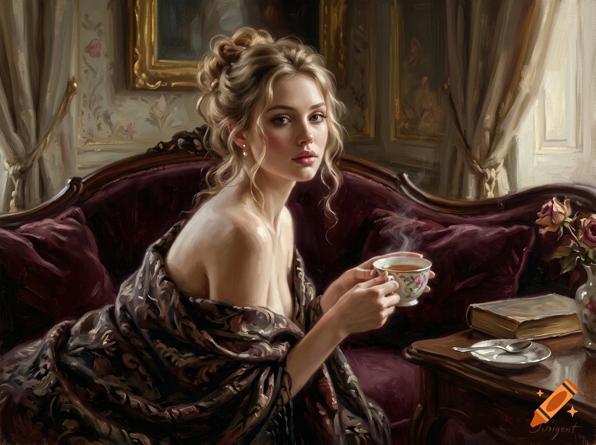 An oil painting of a woman with blonde hair styled up, holding a steaming teacup while seated on a burgundy sofa in a room.