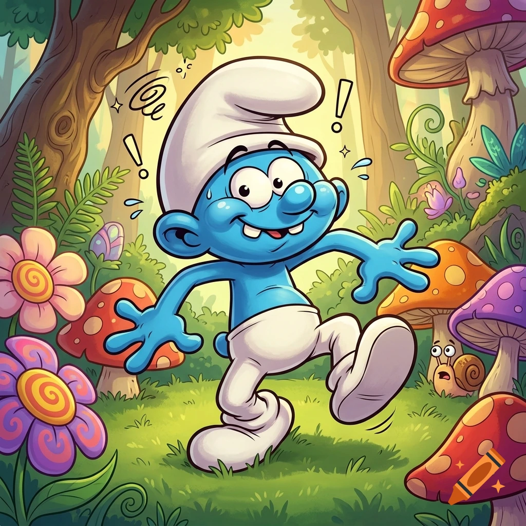 Digital illustration of a goofy blue cartoon character with a white hat and pants, walking in a whimsical forest among giant mushrooms and colorful flowers.