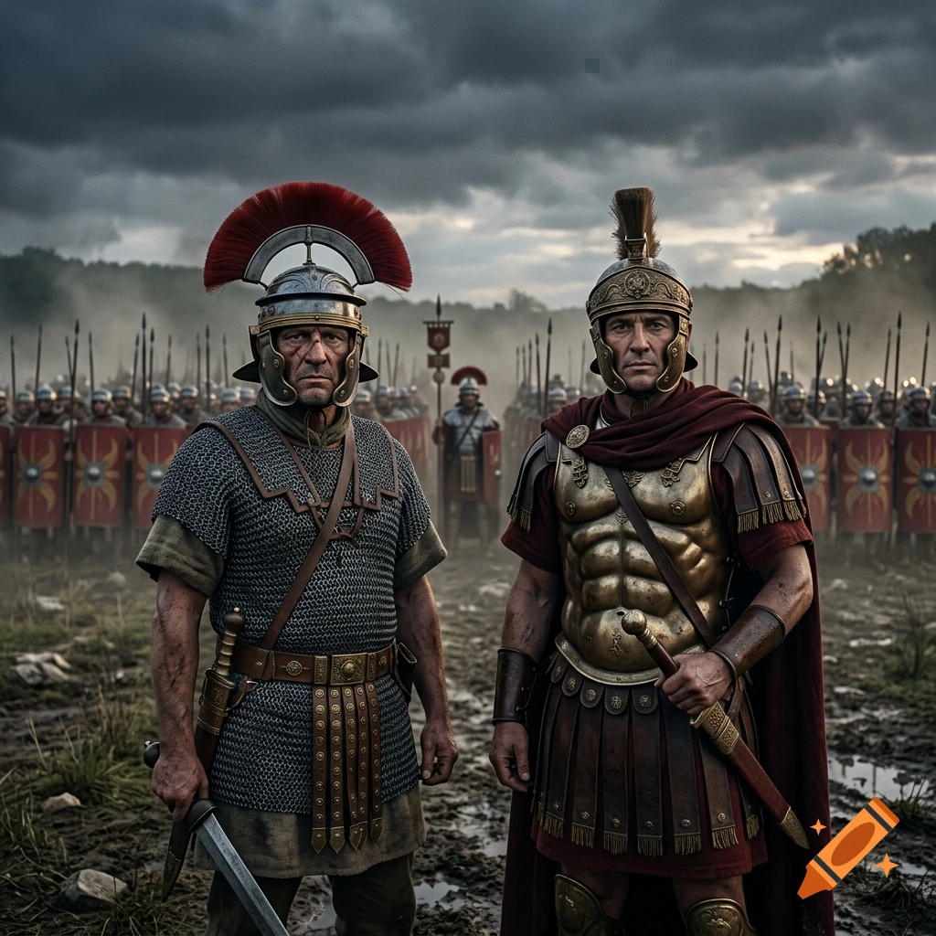 Photorealistic cinematic shot of a Roman centurion and general standing before a legion in a stormy landscape.