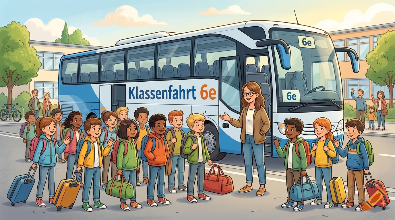 Illustration of a diverse class of children with backpacks and luggage standing before a tour bus with a teacher.