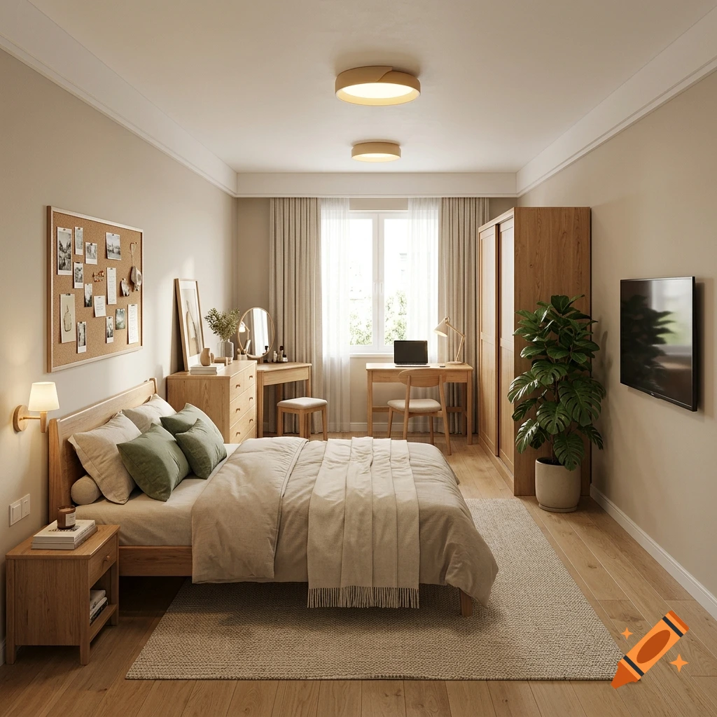 Photorealistic interior view of a well-lit modern bedroom with wooden furniture, a double bed, and a potted plant.