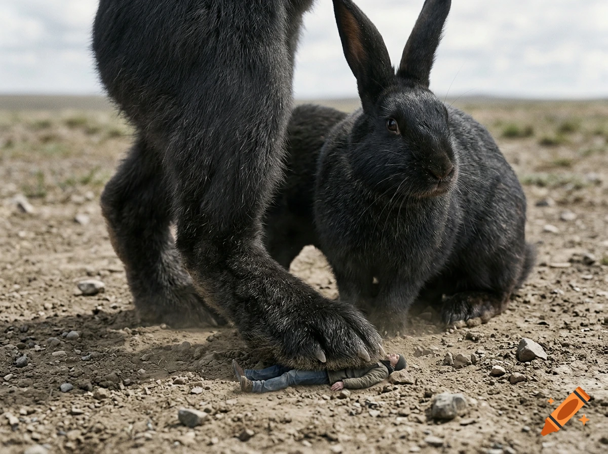 Photorealistic image of a giant black rabbit stepping on a tiny person on dirt ground.