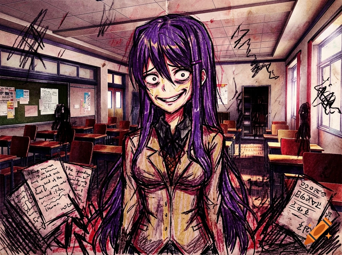 An illustrated portrait of a young woman with long purple hair and a distressed expression standing in a messy classroom.