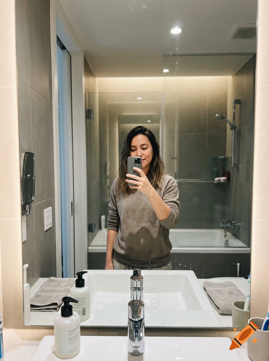 A woman taking a mirror selfie in a modern bathroom, holding a phone in front of her face.