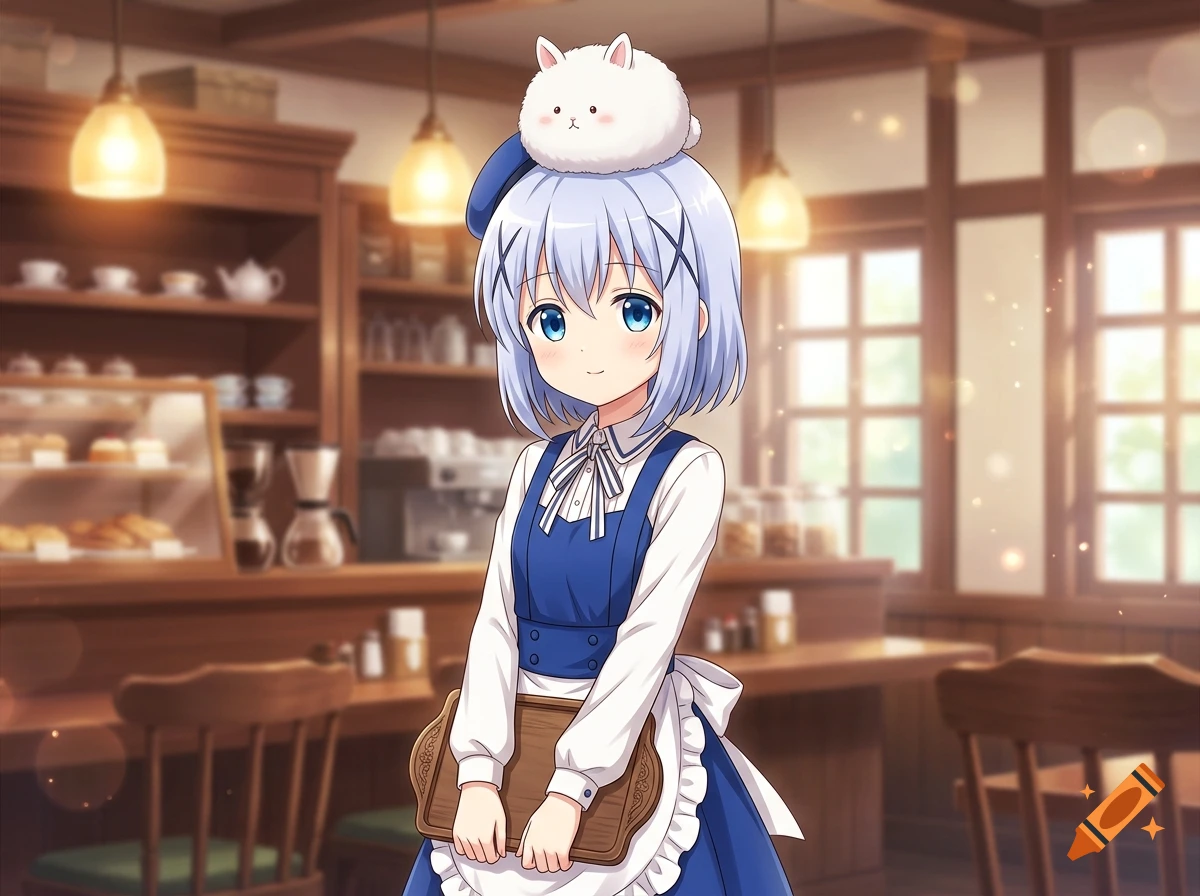 An anime-style girl with blue hair and a white and blue waitress uniform holds a wooden tray in a cafe, with a small white rabbit on her head.