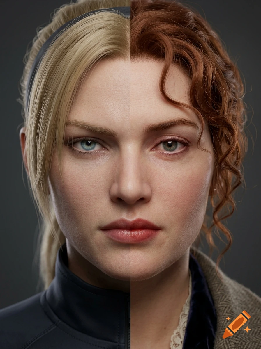 A close-up split portrait comparing the faces of two different women.