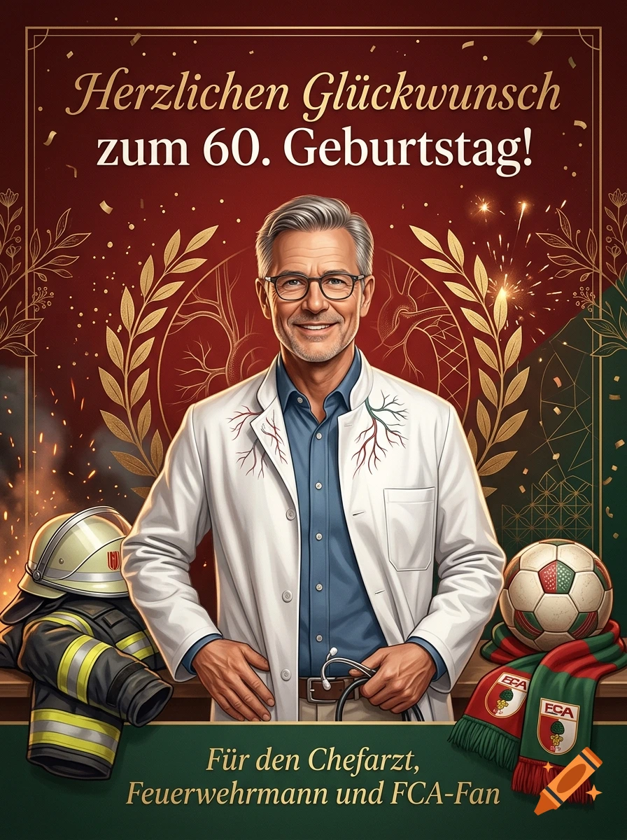 Birthday greeting card illustration featuring a smiling doctor in a lab coat with a stethoscope, firefighter gear, and a soccer ball.