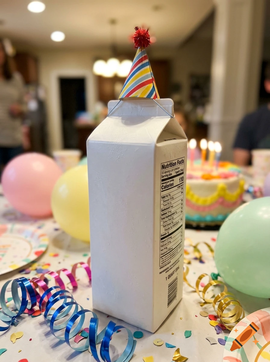 A white milk carton wearing a small party hat sits on a table decorated with balloons, streamers, and a birthday cake.