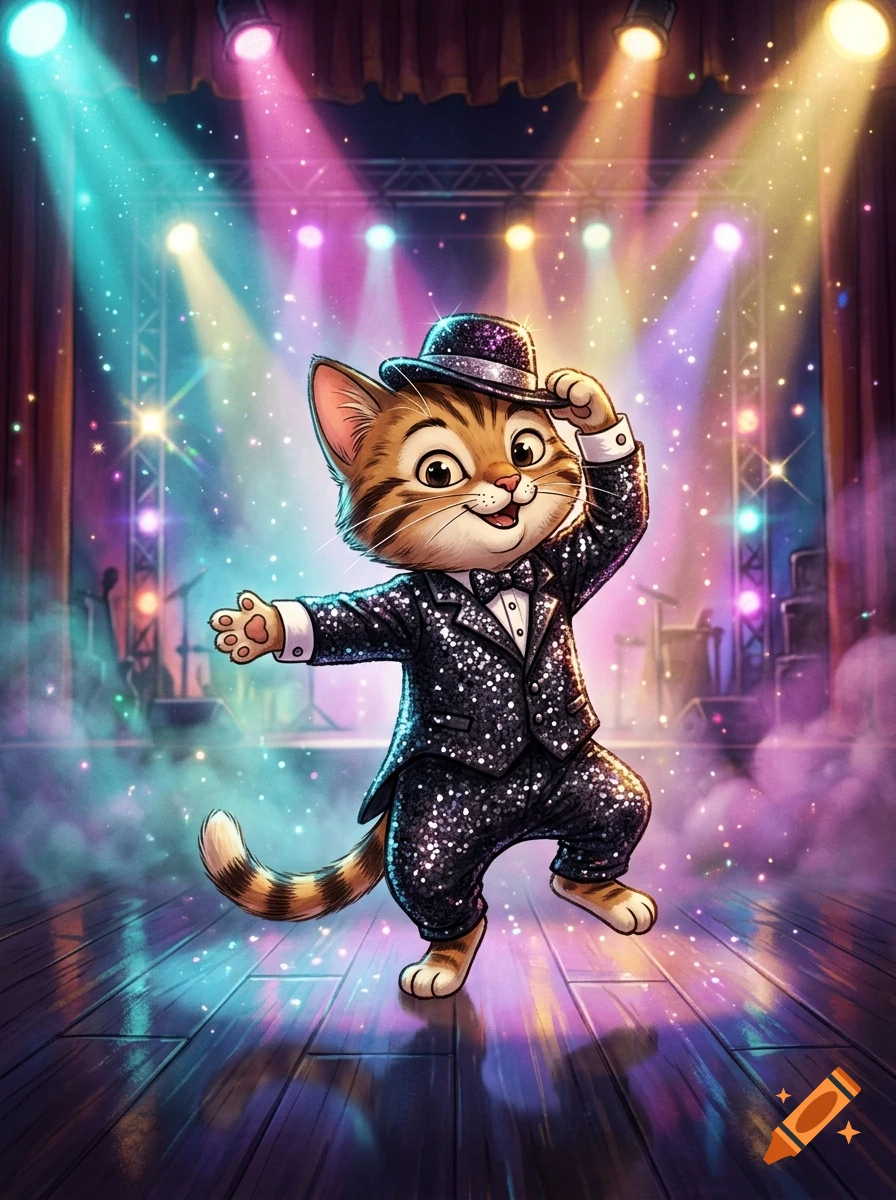 Digital illustration of a cute striped cat in a sparkly tuxedo and top hat, dancing on a stage under colorful spotlights.