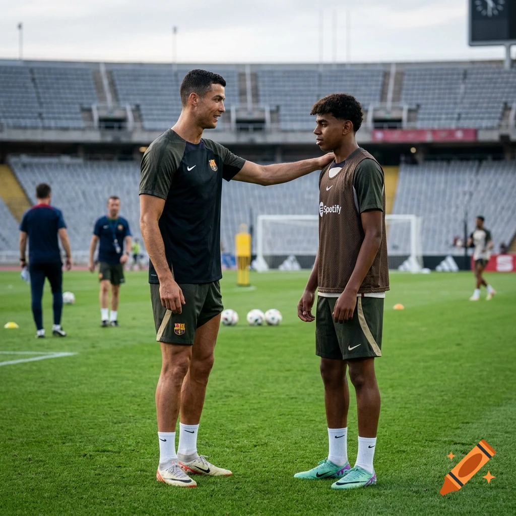 Photorealistic image of two soccer players standing on a pitch in a stadium, one placing a hand on the other's shoulder.