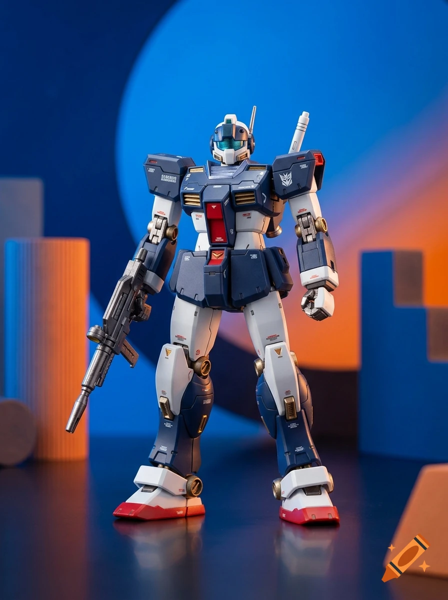 Detailed mecha action figure holding a rifle, standing against a studio backdrop with geometric shapes.
