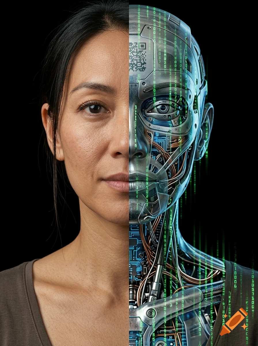 Close-up portrait of a woman's face split vertically, with the left side being human skin and the right side a robotic cyborg with matrix data flow.