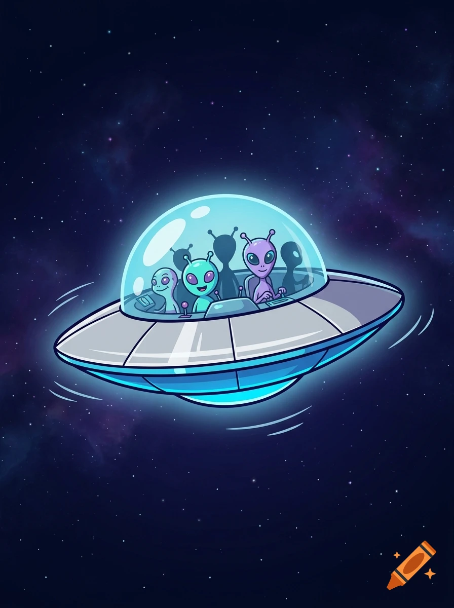A colorful cartoon illustration of friendly aliens piloting a glowing flying saucer through a starry deep space background.