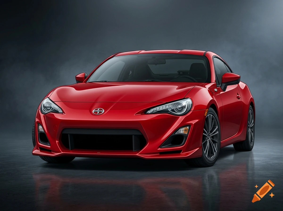 A modern red sports car parked on a reflective studio floor against a dark, moody background.