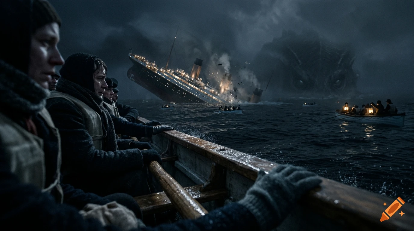Cinematic pov shot from a lifeboat as the titanic sinks in dark, stormy seas while a giant sea monster lurks in the background.