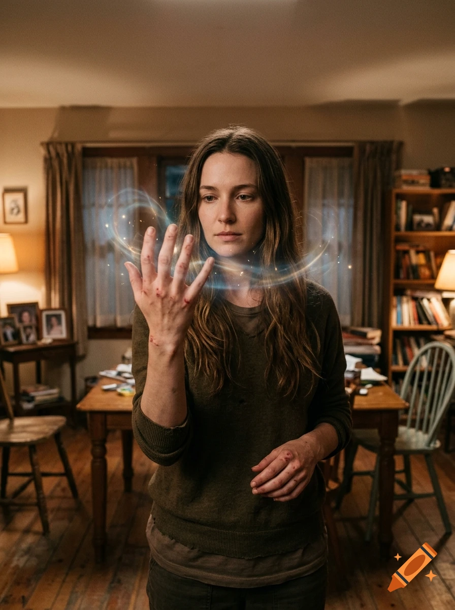A photorealistic portrait of a young woman with brown hair and scars on her hands, holding glowing magic energy in her hand inside a cozy living room.
