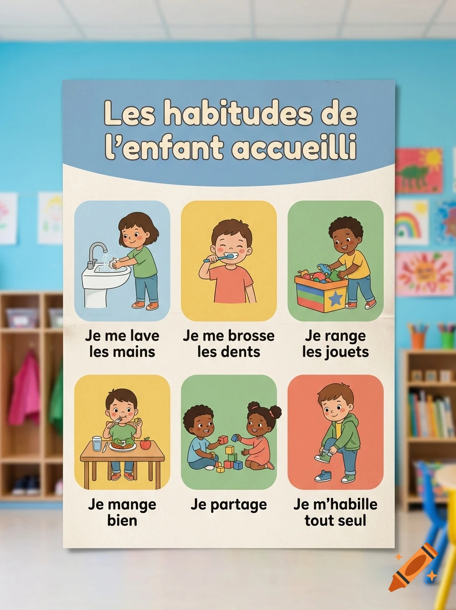Illustrated educational poster in French showing children doing daily routines like washing hands and brushing teeth.