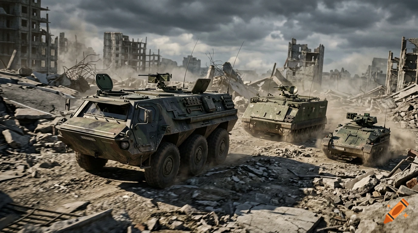 Photorealistic image of three military vehicles driving through a ruined, war-torn city filled with rubble and dust under a cloudy sky.