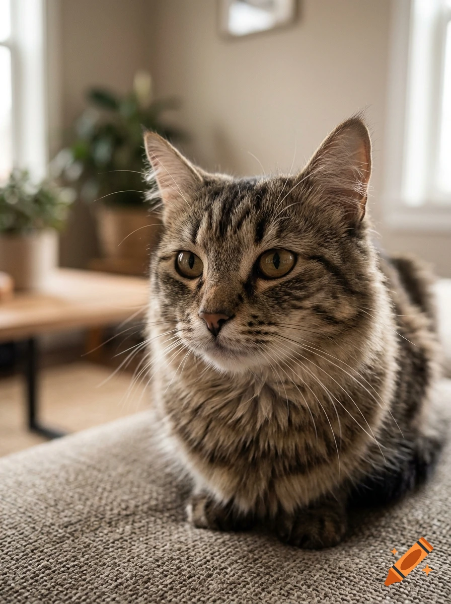 Close-up photorealistic shot of a brown tabby cat sitting on a grey textured surface indoors.