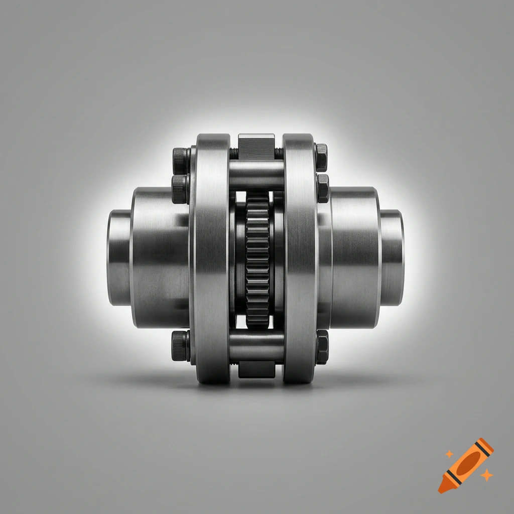 Close-up photorealistic render of a metallic industrial coupling mechanism against a grey gradient background with glowing rim light.