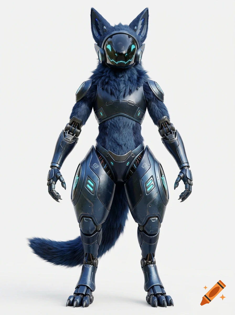 Full-body 3D render of a blue robotic protogen character with glowing cyan visor and fur accents standing against a plain white background.