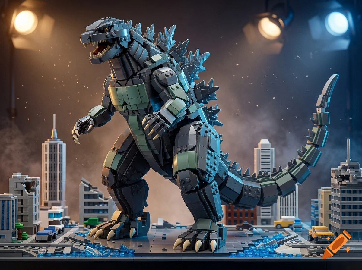 Godzilla built as a large Lego set standing amid a miniature city diorama with dramatic lighting.