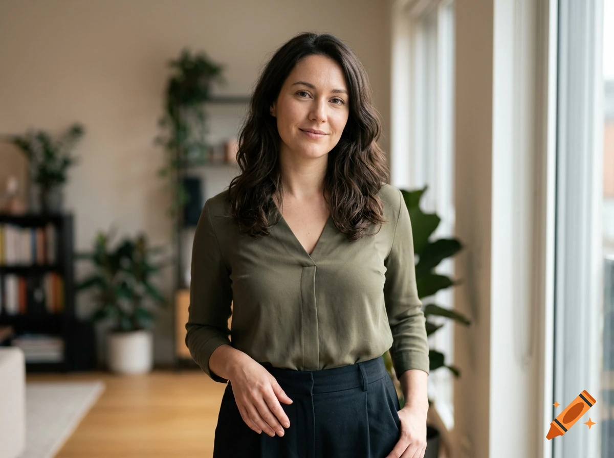 A woman with long dark wavy hair standing indoors wearing an olive green top.