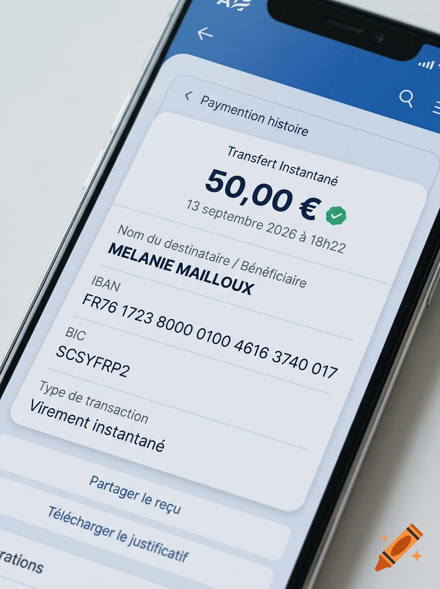 Close-up of a smartphone displaying a banking app payment history screen with a successful transaction.