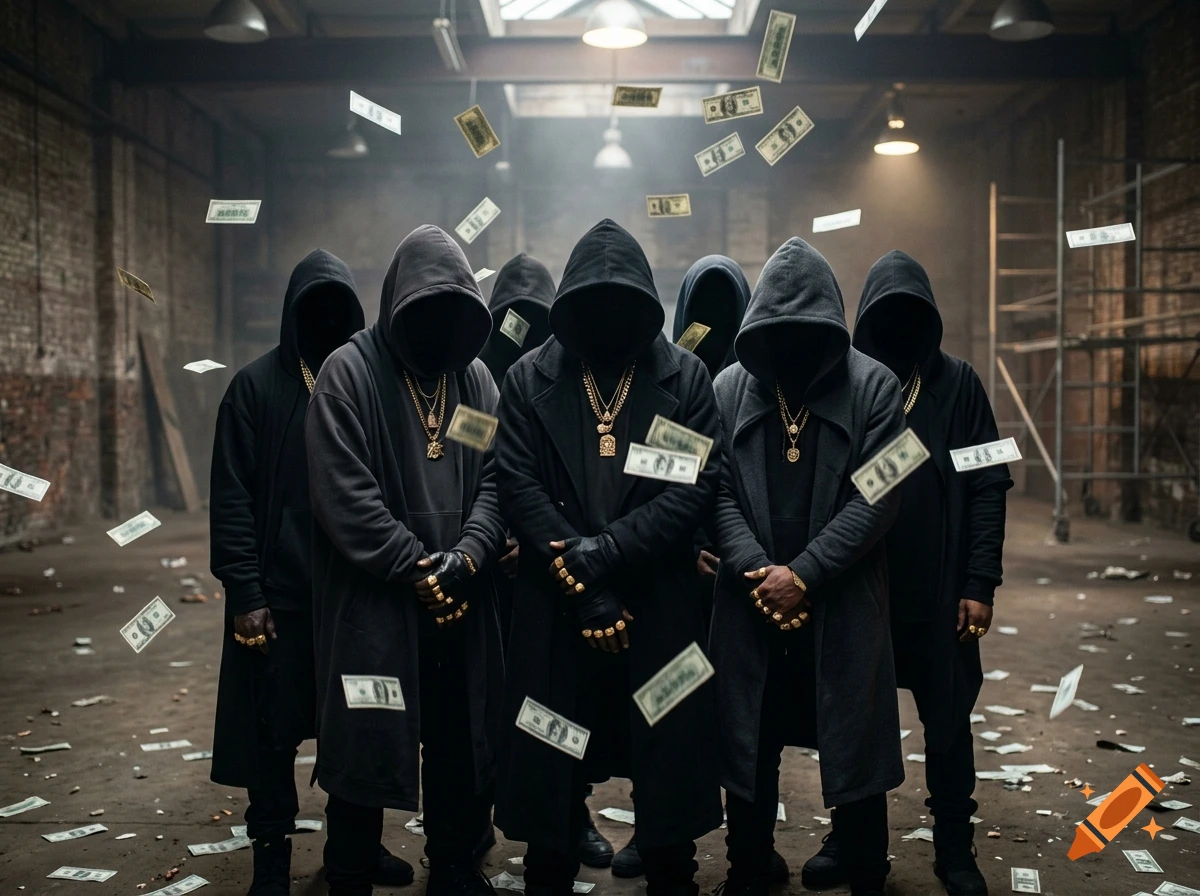 Seven figures in black hooded coats and heavy gold jewelry stand inside a warehouse as paper money falls around them.
