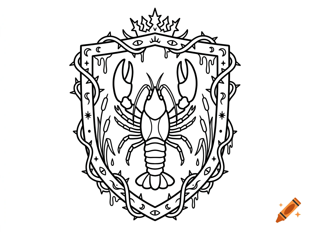 Black and white line drawing of a crayfish inside a spiked coat of arms shield with a crown.