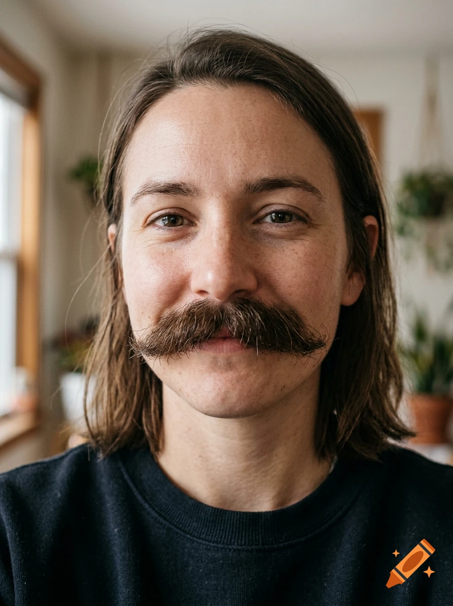 Close-up portrait of a person with shoulder-length brown hair and a prominent mustache, wearing a dark sweater.