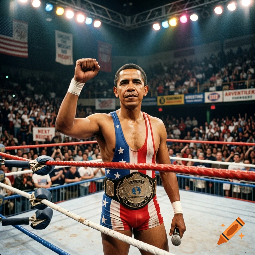 A man resembling Barack Obama wearing a red, white, and blue wrestling singlet and a championship belt stands in a wrestling ring, raising his fist.