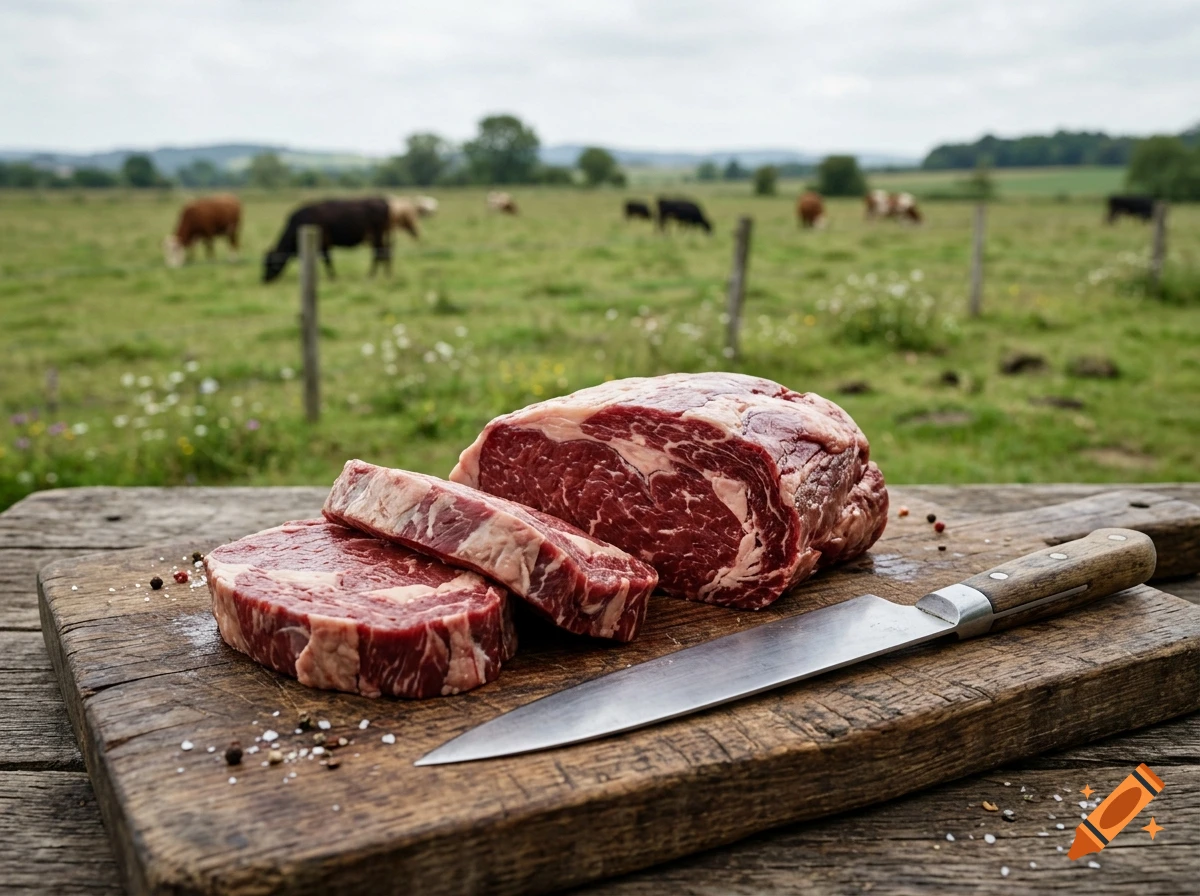 Photorealistic image of raw ribeye steaks cut on a wooden board outdoors with cows grazing in a green pasture background.
